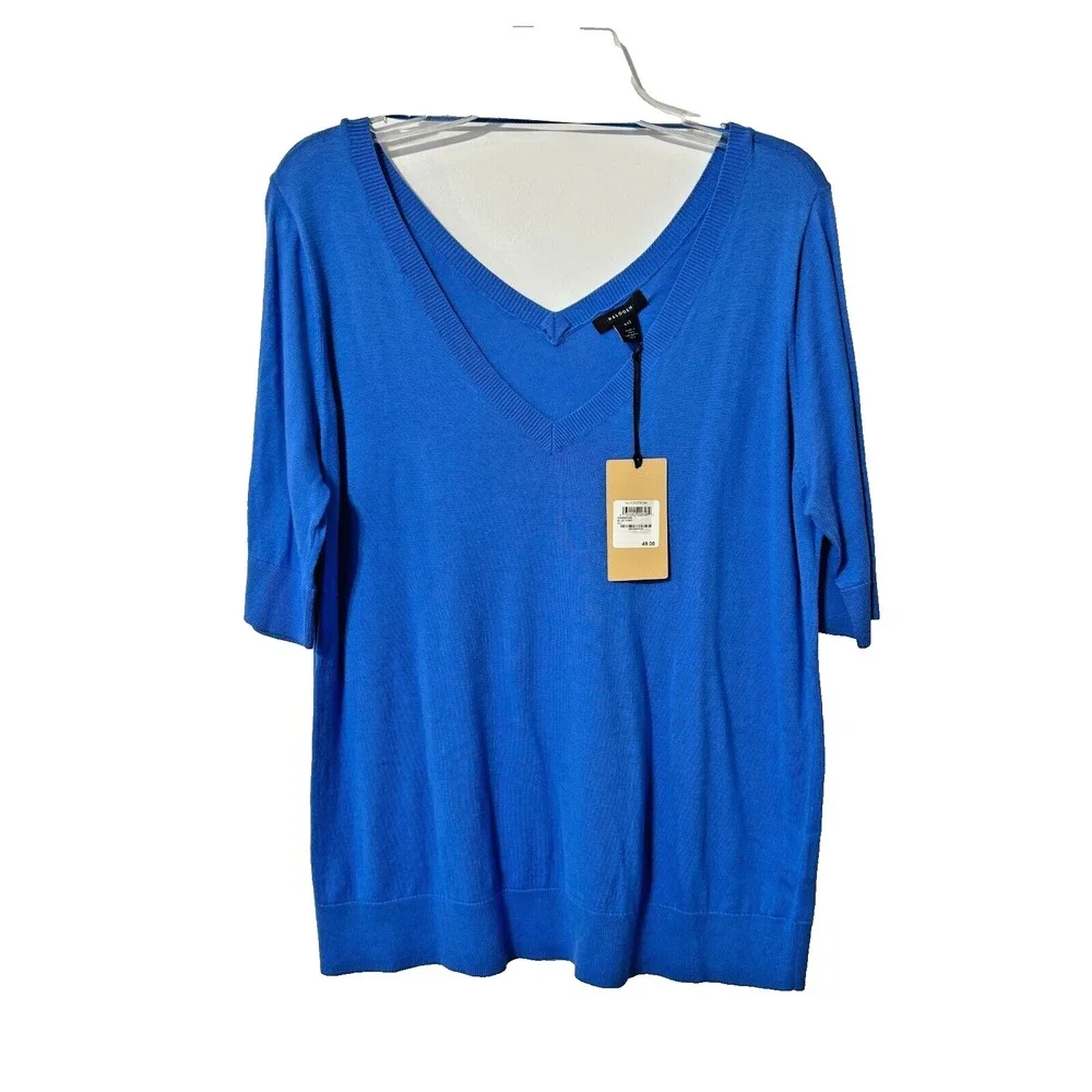 Halogen Womens‎ XXL V-Neck Short Sleeve Sweater Blue Camp Cotton Blend Lagenlook